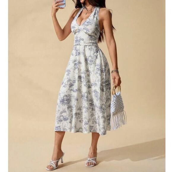 French Porcelain Print VTG Style Blue White Toile De Jouy Halter Dress Sz L - Picture 1 of 10